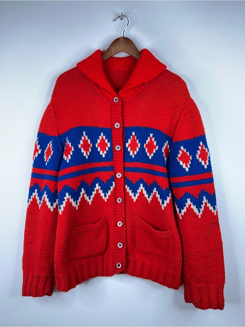 Vintage Chunky Cowichan Style Knit Cardigan Shawl Collar Red Blue Argyle Pattern